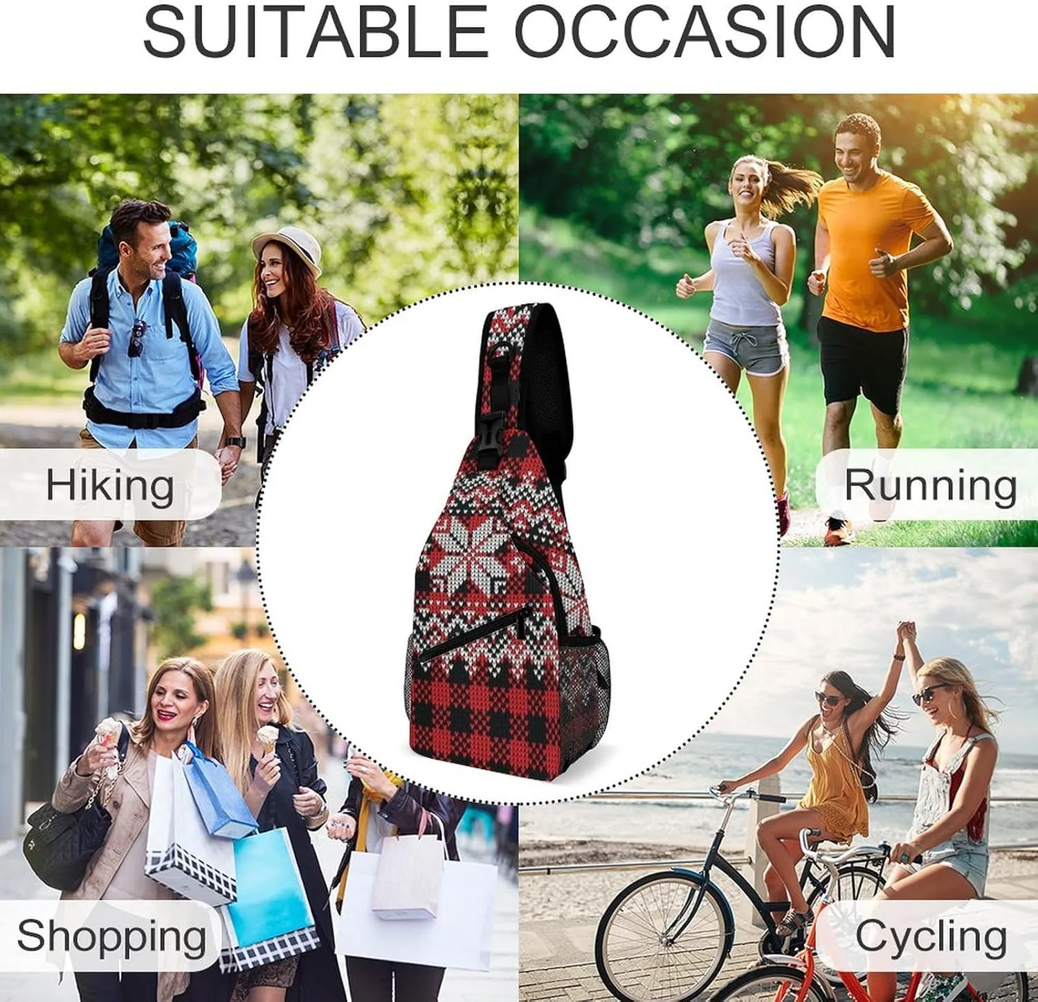 Sling Bag Buffalo Plaid Snowflakes Crossbody Backpack with Anti Theft Christmas New Year Adjustable Shoulder Bag for Travel,Hiking,Cycling,Camping