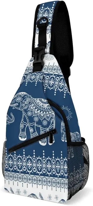 Sling Bag Elephant Ethnic Traditional Crossbody Backpack with Anti Theft Embroidery Style Adjustable Shoulder Bag for Travel,Hiking,Cycling,Camping