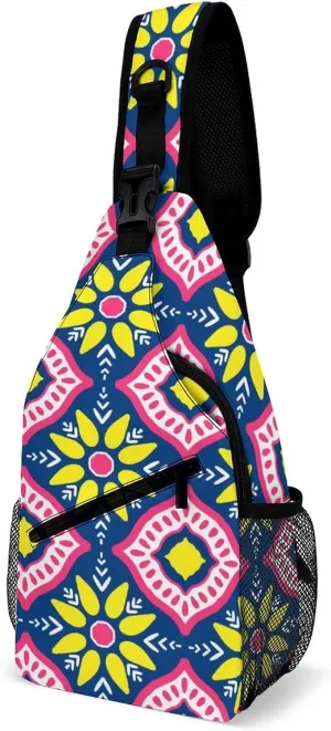 Sling Bag Ethnic Ikat Geometric Floral Crossbody Backpack with Anti Theft Tribal Boho Adjustable Shoulder Bag for Travel,Hiking,Cycling,Camping