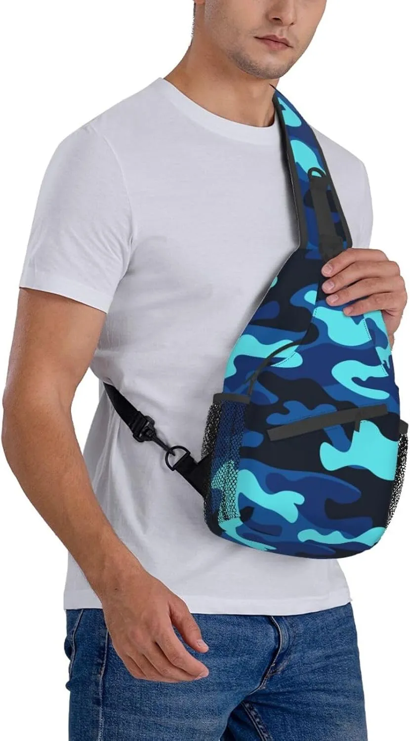 Sling Bag for Men Women Camo Military Camouflage Blue Teal Crossbody Backpack Casual Hiking Daypack for Travel Sport Running Chest Bag
