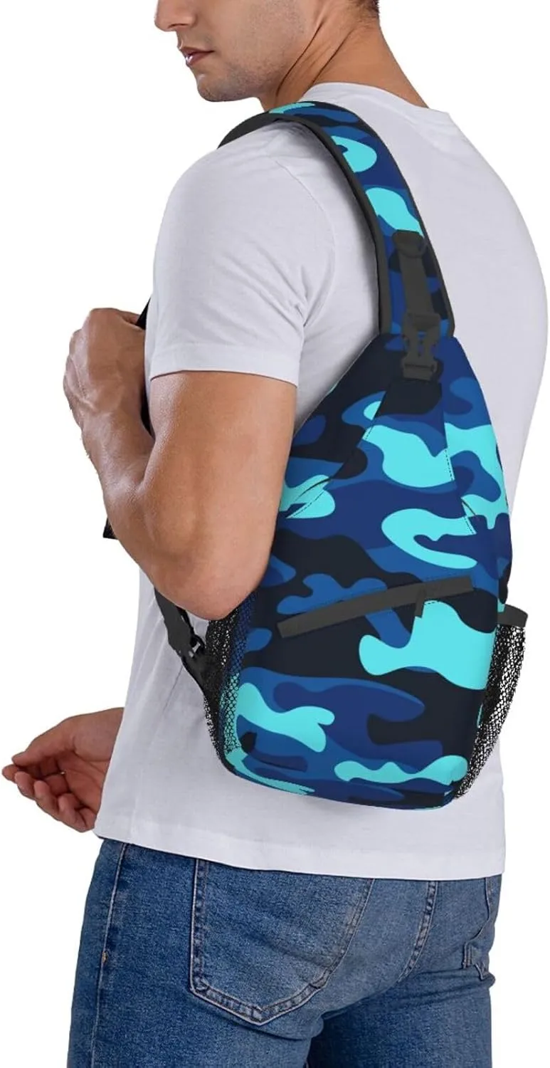 Sling Bag for Men Women Camo Military Camouflage Blue Teal Crossbody Backpack Casual Hiking Daypack for Travel Sport Running Chest Bag
