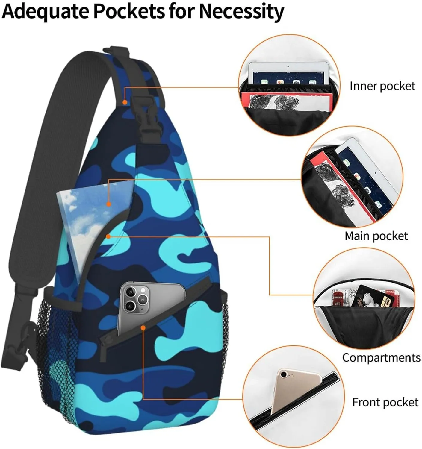 Sling Bag for Men Women Camo Military Camouflage Blue Teal Crossbody Backpack Casual Hiking Daypack for Travel Sport Running Chest Bag