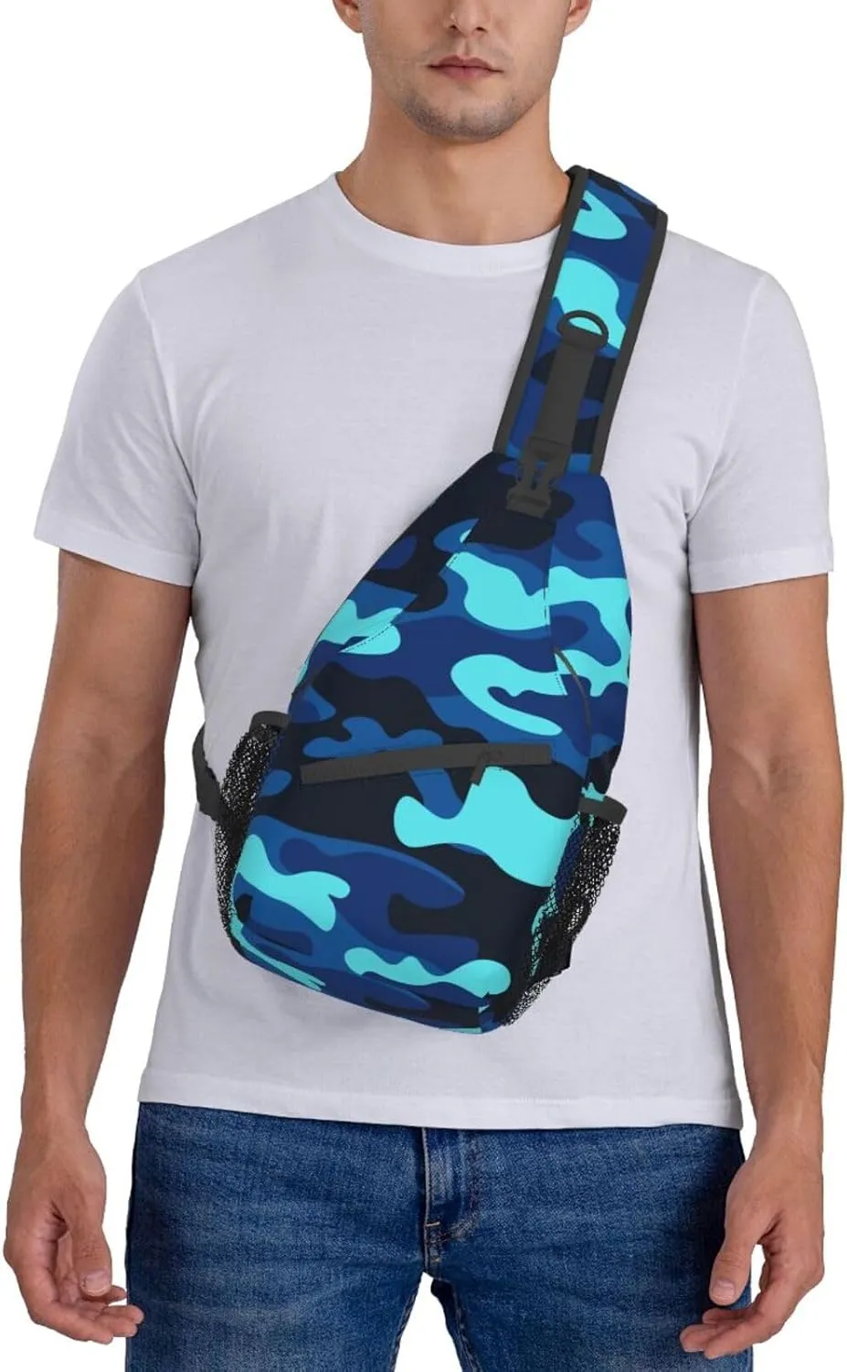 Sling Bag for Men Women Camo Military Camouflage Blue Teal Crossbody Backpack Casual Hiking Daypack for Travel Sport Running Chest Bag
