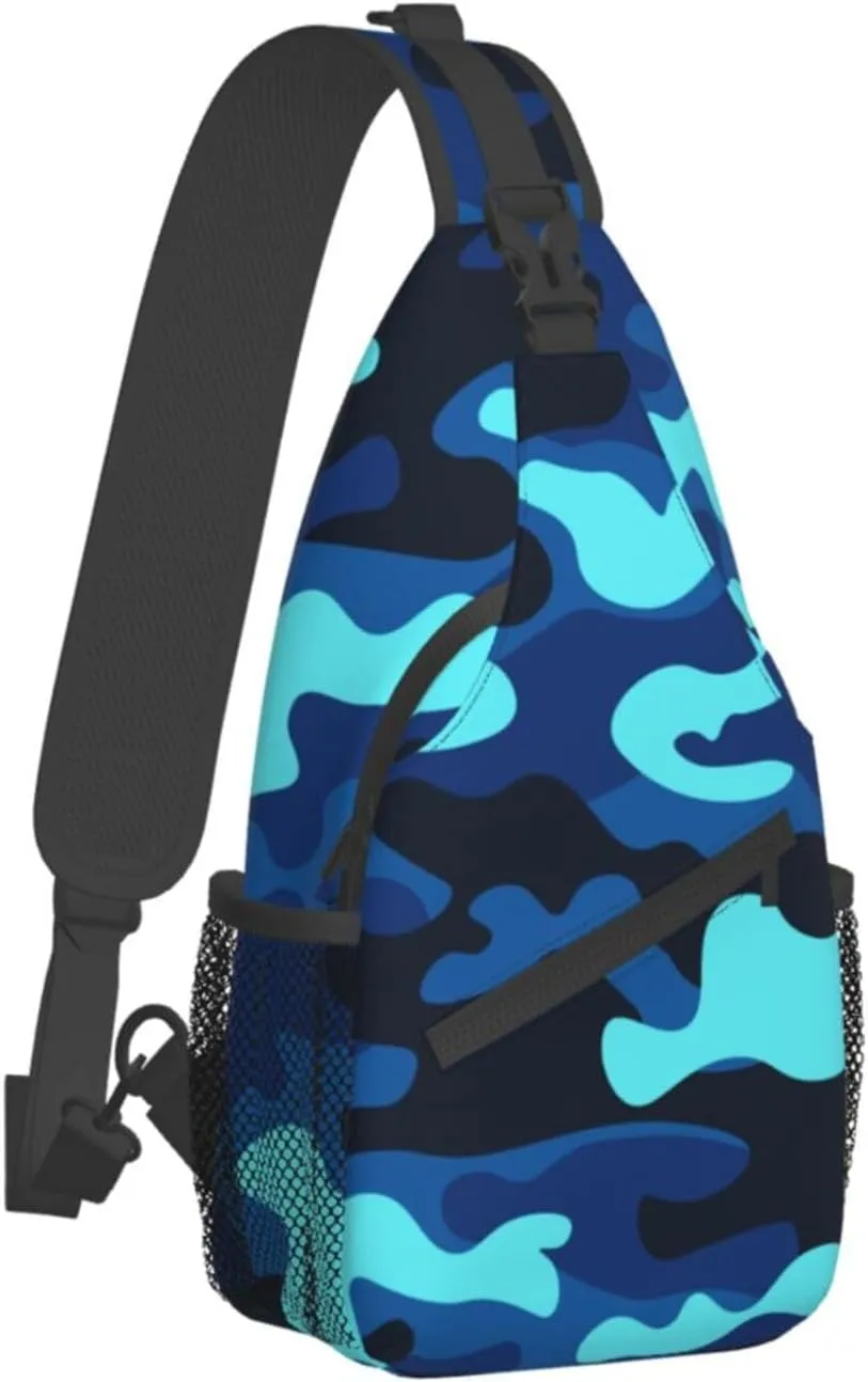 Sling Bag for Men Women Camo Military Camouflage Blue Teal Crossbody Backpack Casual Hiking Daypack for Travel Sport Running Chest Bag