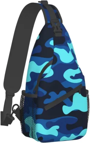 Sling Bag for Men Women Camo Military Camouflage Blue Teal Crossbody Backpack Casual Hiking Daypack for Travel Sport Running Chest Bag