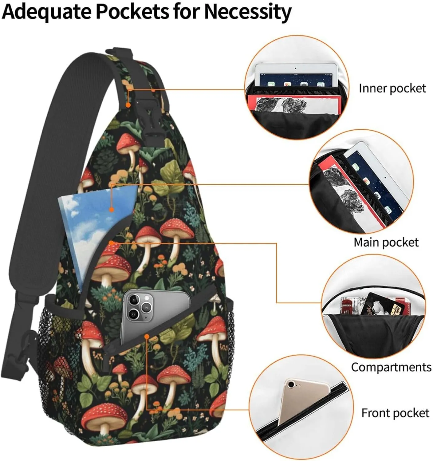 Sling Bag for Men Women Flower Mushroom Leaf Botanical Crossbody Backpack Casual Hiking Daypack for Travel Sport Running Chest Bag