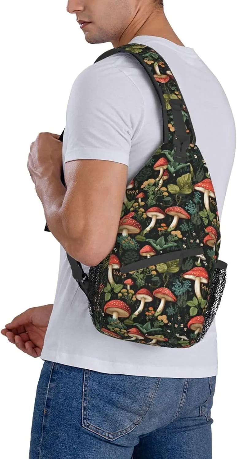 Sling Bag for Men Women Flower Mushroom Leaf Botanical Crossbody Backpack Casual Hiking Daypack for Travel Sport Running Chest Bag