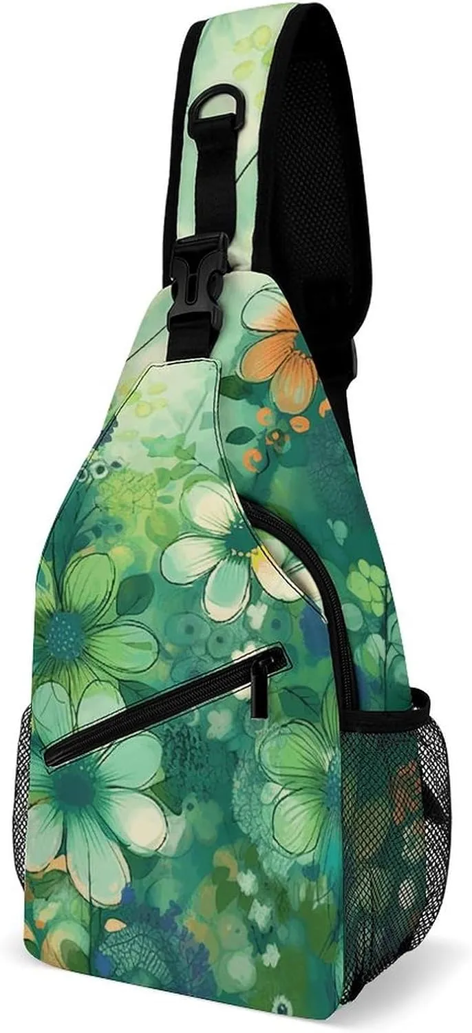 Sling Bag for Women Men Abstract Seasonal Green Floral Crossbody Bag Hiking Chest Bag Crossbody Fanny Pack Fashion Waist Packs Casual Daypack Backpacks Shoulder Bag for Travel
