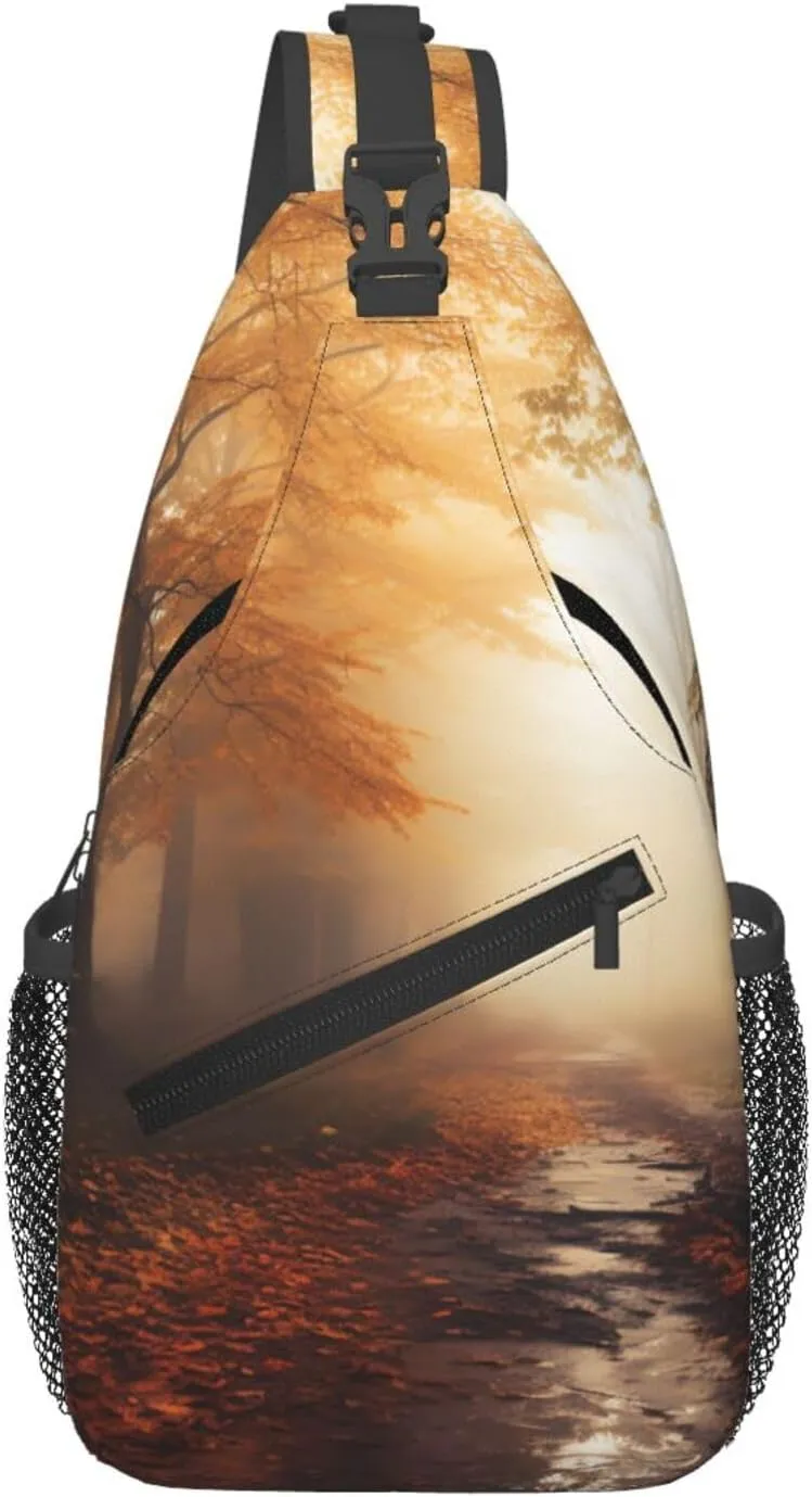 Sling Bag for Women Men Crossbody Bag Sling Backpack Autumn Foggy Maple Forest Cross Body Bag Adjustable Chest Bag