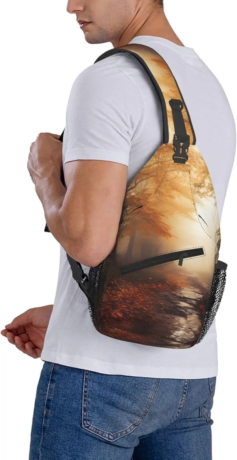 Sling Bag for Women Men Crossbody Bag Sling Backpack Autumn Foggy Maple Forest Cross Body Bag Adjustable Chest Bag
