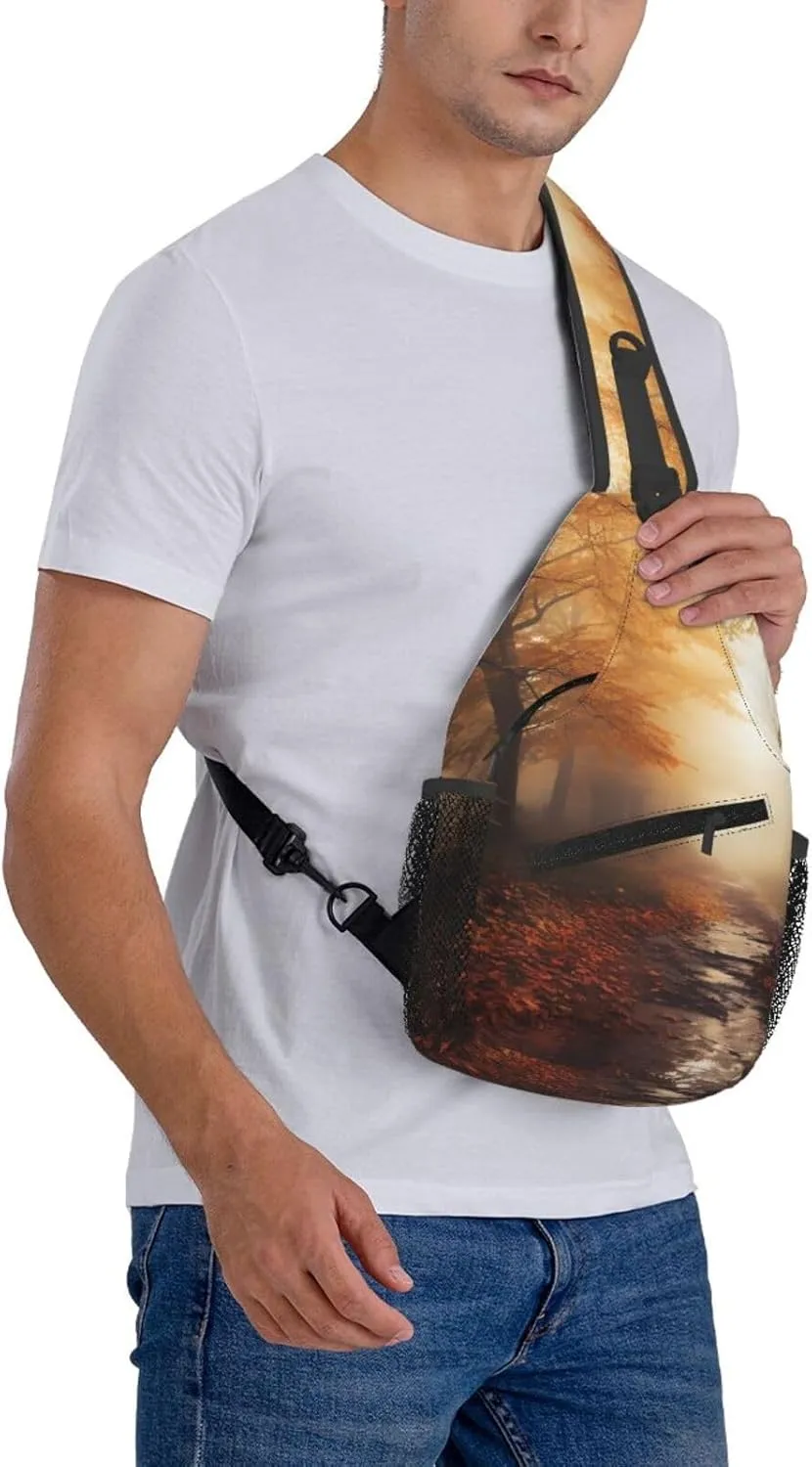 Sling Bag for Women Men Crossbody Bag Sling Backpack Autumn Foggy Maple Forest Cross Body Bag Adjustable Chest Bag