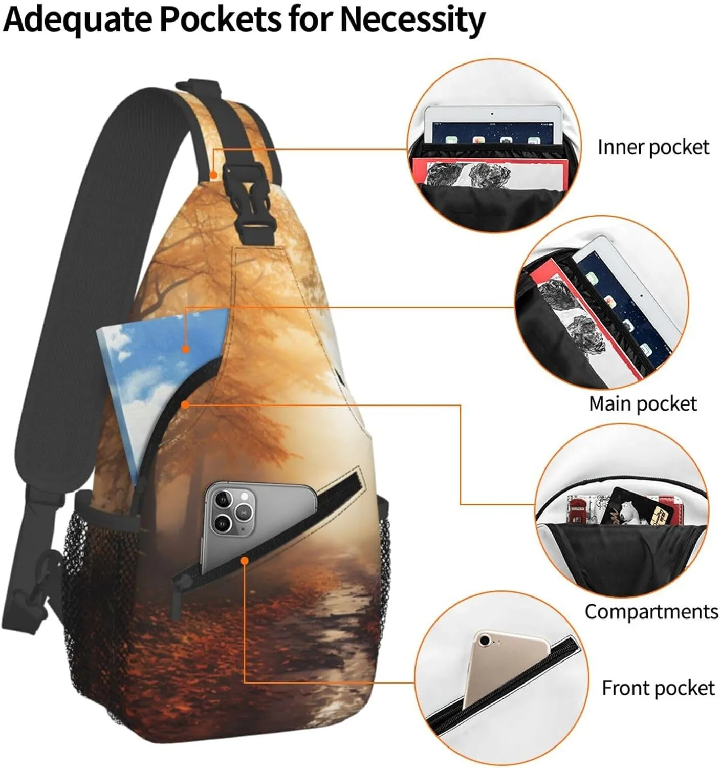 Sling Bag for Women Men Crossbody Bag Sling Backpack Autumn Foggy Maple Forest Cross Body Bag Adjustable Chest Bag