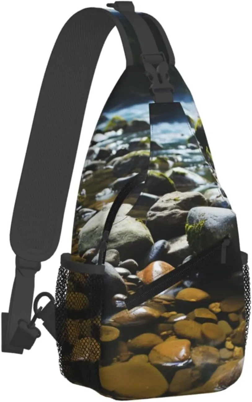 Sling Bag for Women Men Crossbody Bag Sling Backpack Stream stones Cross Body Bag Adjustable Chest Bag