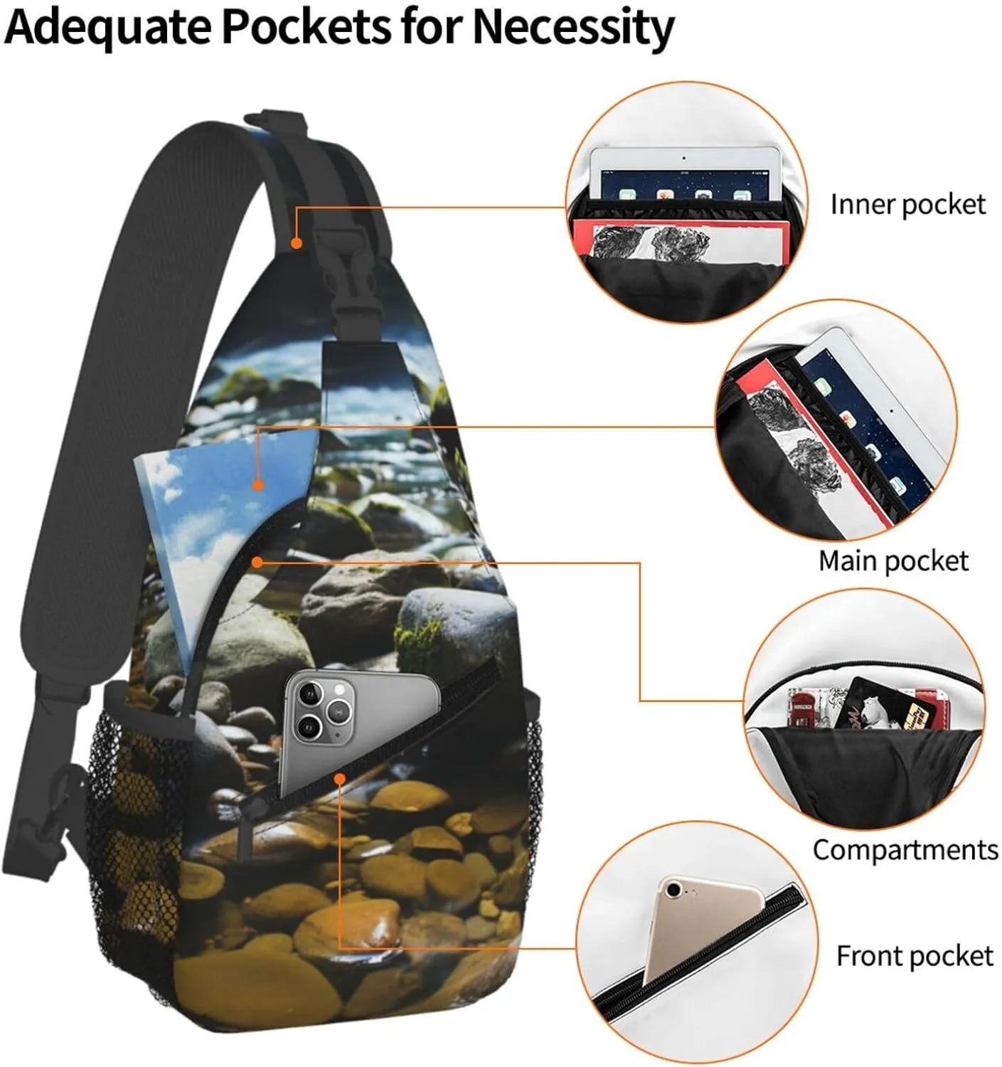 Sling Bag for Women Men Crossbody Bag Sling Backpack Stream stones Cross Body Bag Adjustable Chest Bag