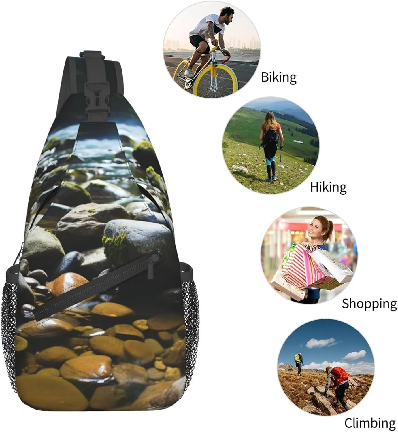 Sling Bag for Women Men Crossbody Bag Sling Backpack Stream stones Cross Body Bag Adjustable Chest Bag