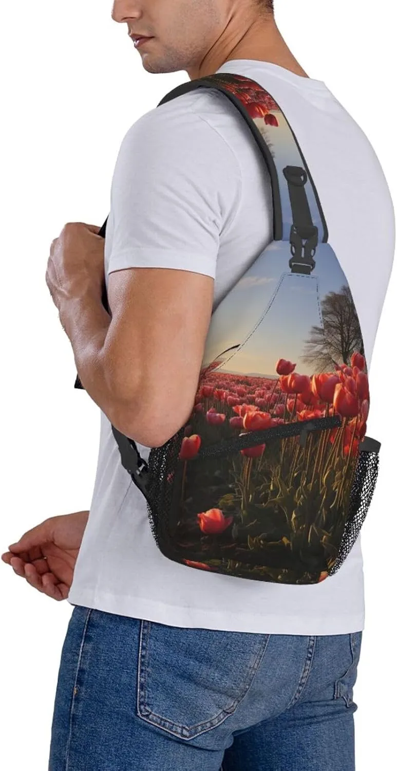 Sling Bag for Women Men Crossbody Bag Sling Backpack Tulips Field Cross Body Bag Adjustable Chest Bag