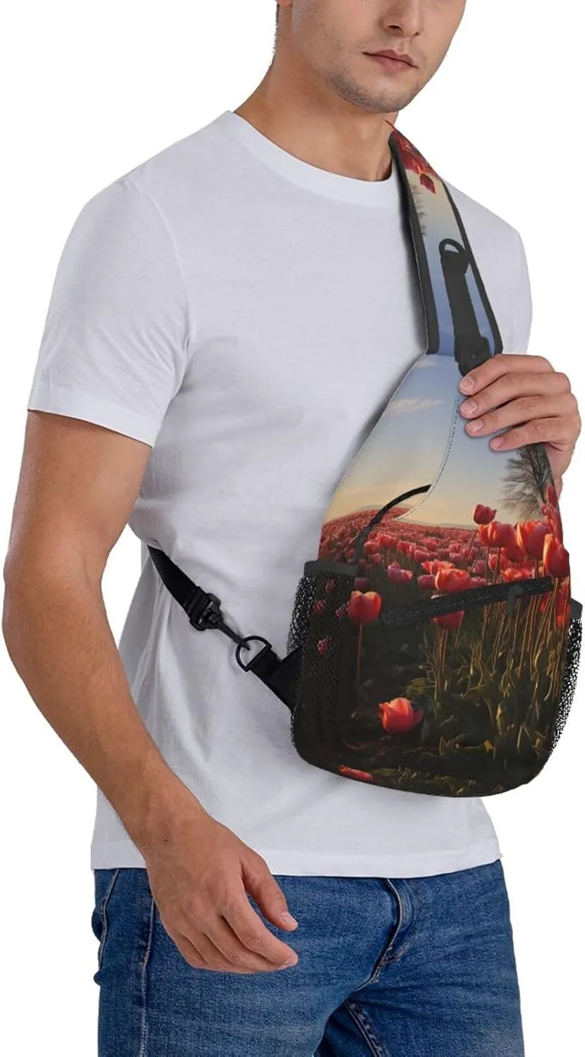 Sling Bag for Women Men Crossbody Bag Sling Backpack Tulips Field Cross Body Bag Adjustable Chest Bag