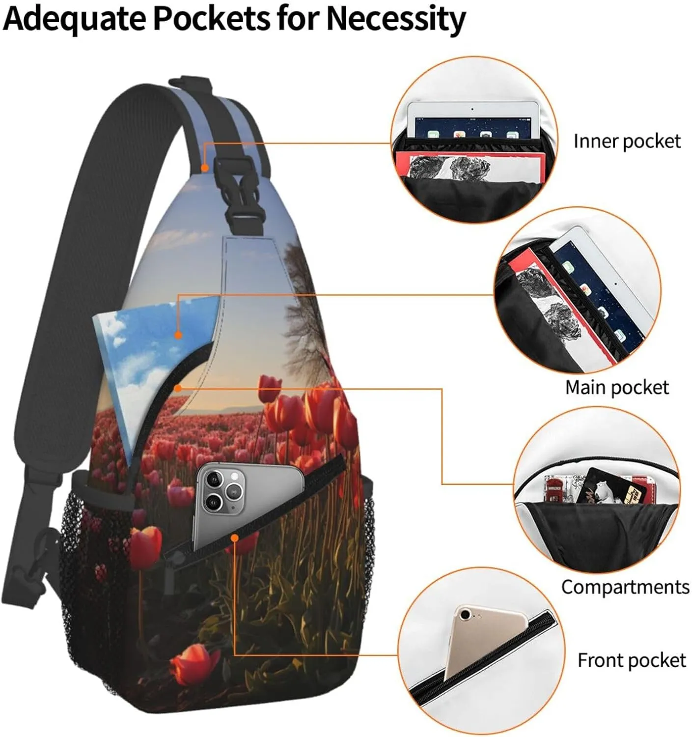 Sling Bag for Women Men Crossbody Bag Sling Backpack Tulips Field Cross Body Bag Adjustable Chest Bag