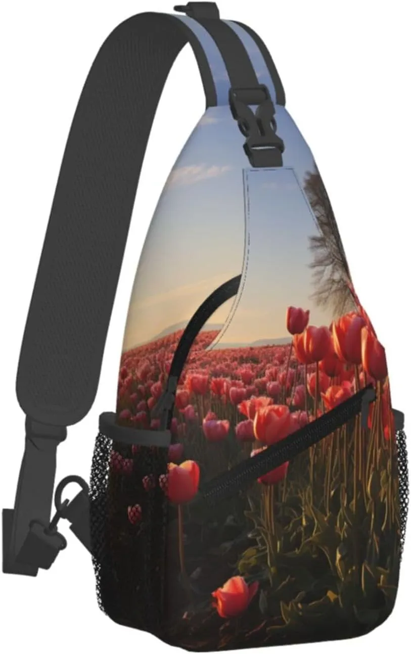 Sling Bag for Women Men Crossbody Bag Sling Backpack Tulips Field Cross Body Bag Adjustable Chest Bag