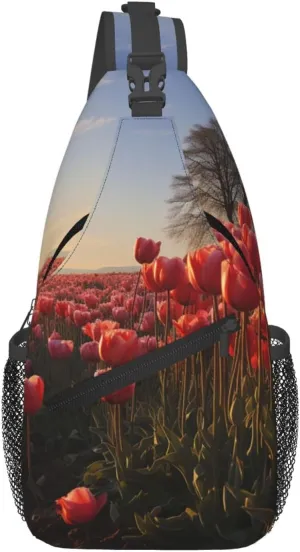 Sling Bag for Women Men Crossbody Bag Sling Backpack Tulips Field Cross Body Bag Adjustable Chest Bag