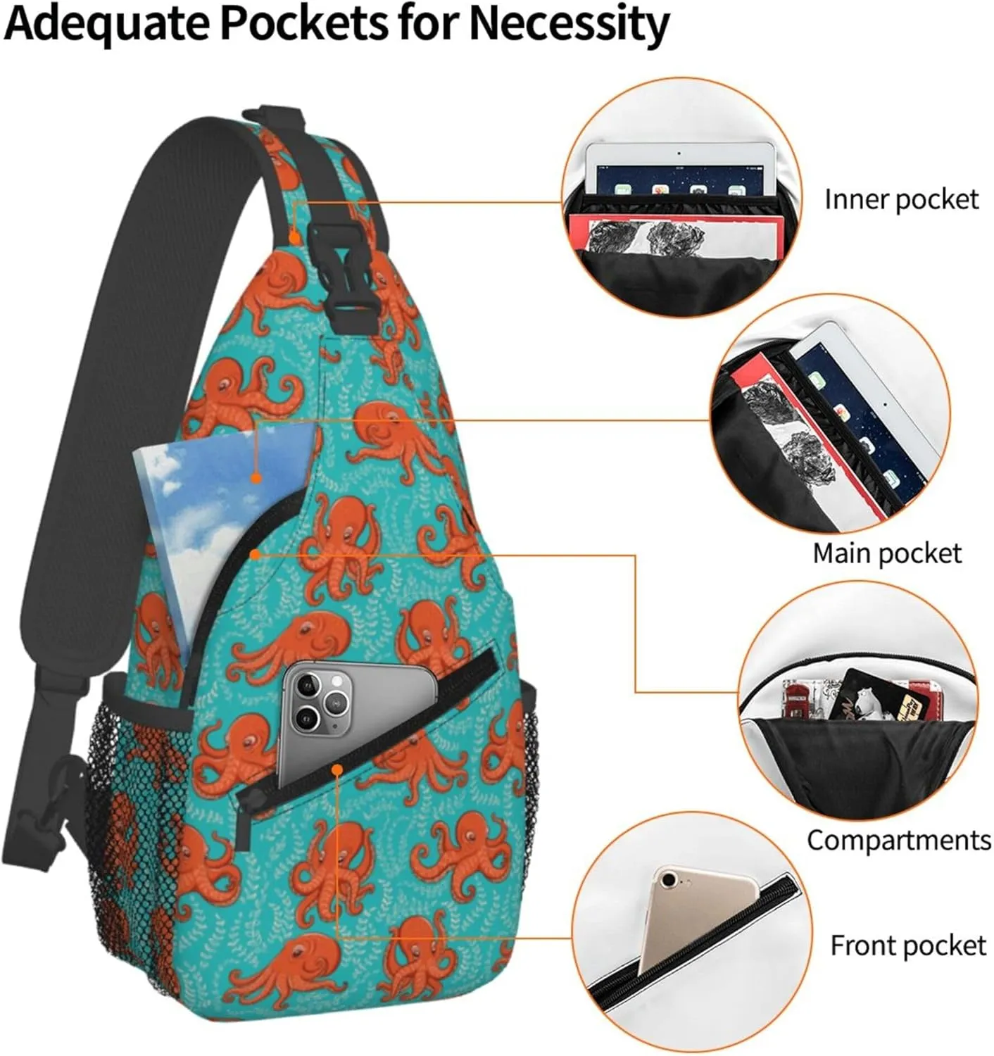 Sling Bag For Women Men Orange Octopus Crossbody Backpack Sling Backpack For Travel Hiking Daypack Chest Bag