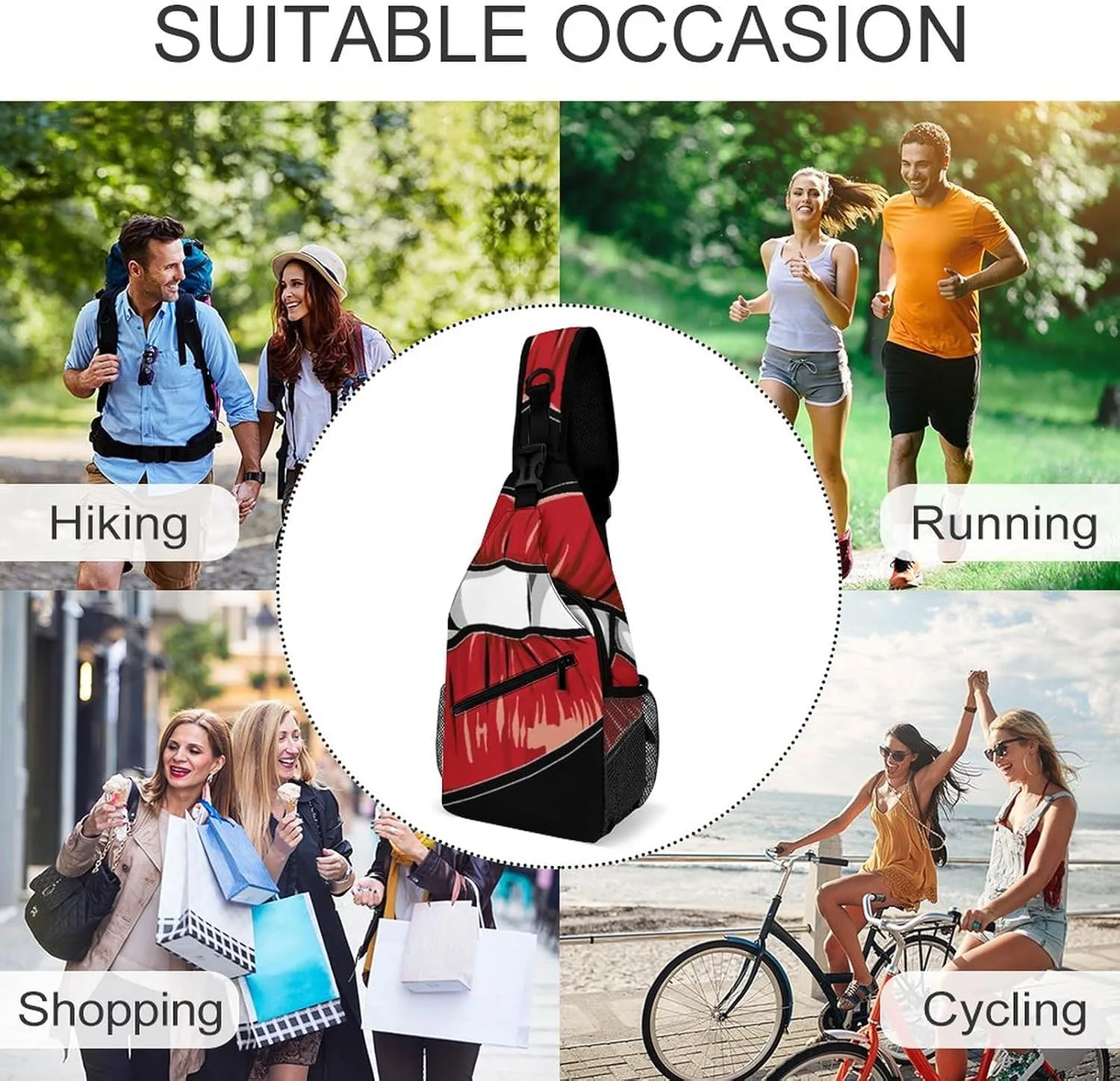 Sling Bag Mounth Red Lips Crossbody Backpack with Anti Theft Sexy Woman Cartoon Adjustable Shoulder Bag for Travel,Hiking,Cycling,Camping