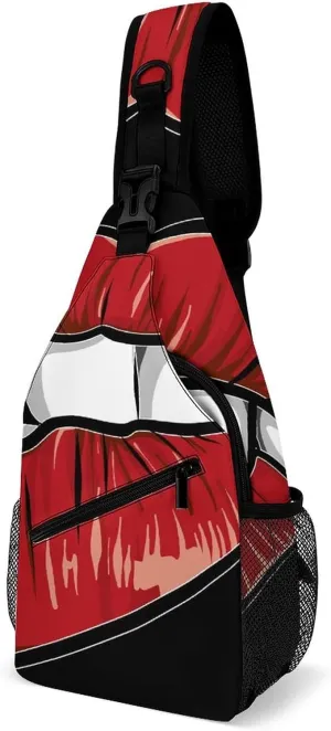 Sling Bag Mounth Red Lips Crossbody Backpack with Anti Theft Sexy Woman Cartoon Adjustable Shoulder Bag for Travel,Hiking,Cycling,Camping