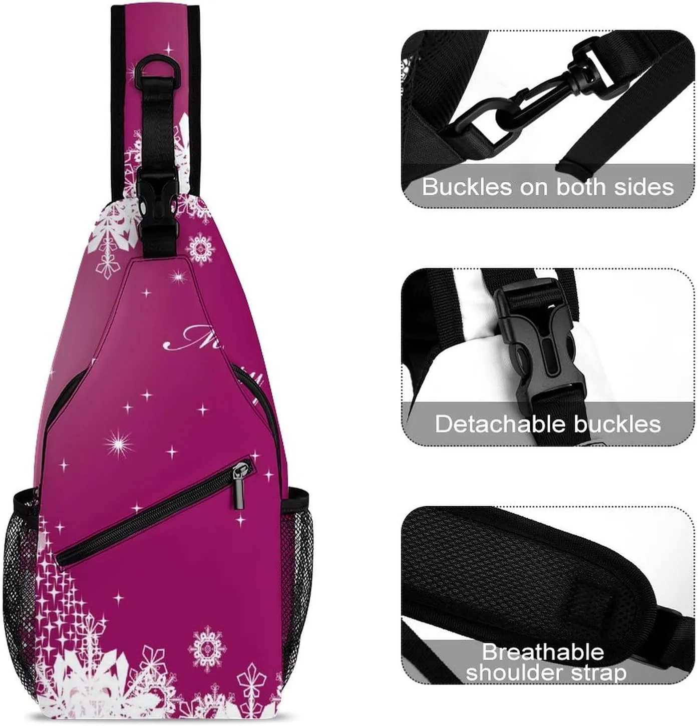 Sling Bag Xmas Tree Snowflake Crossbody Shoulder Backpack Pink Merry Christmas Adjustable Lightweight Travel Hiking Chest Bag for Men Women