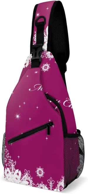 Sling Bag Xmas Tree Snowflake Crossbody Shoulder Backpack Pink Merry Christmas Adjustable Lightweight Travel Hiking Chest Bag for Men Women