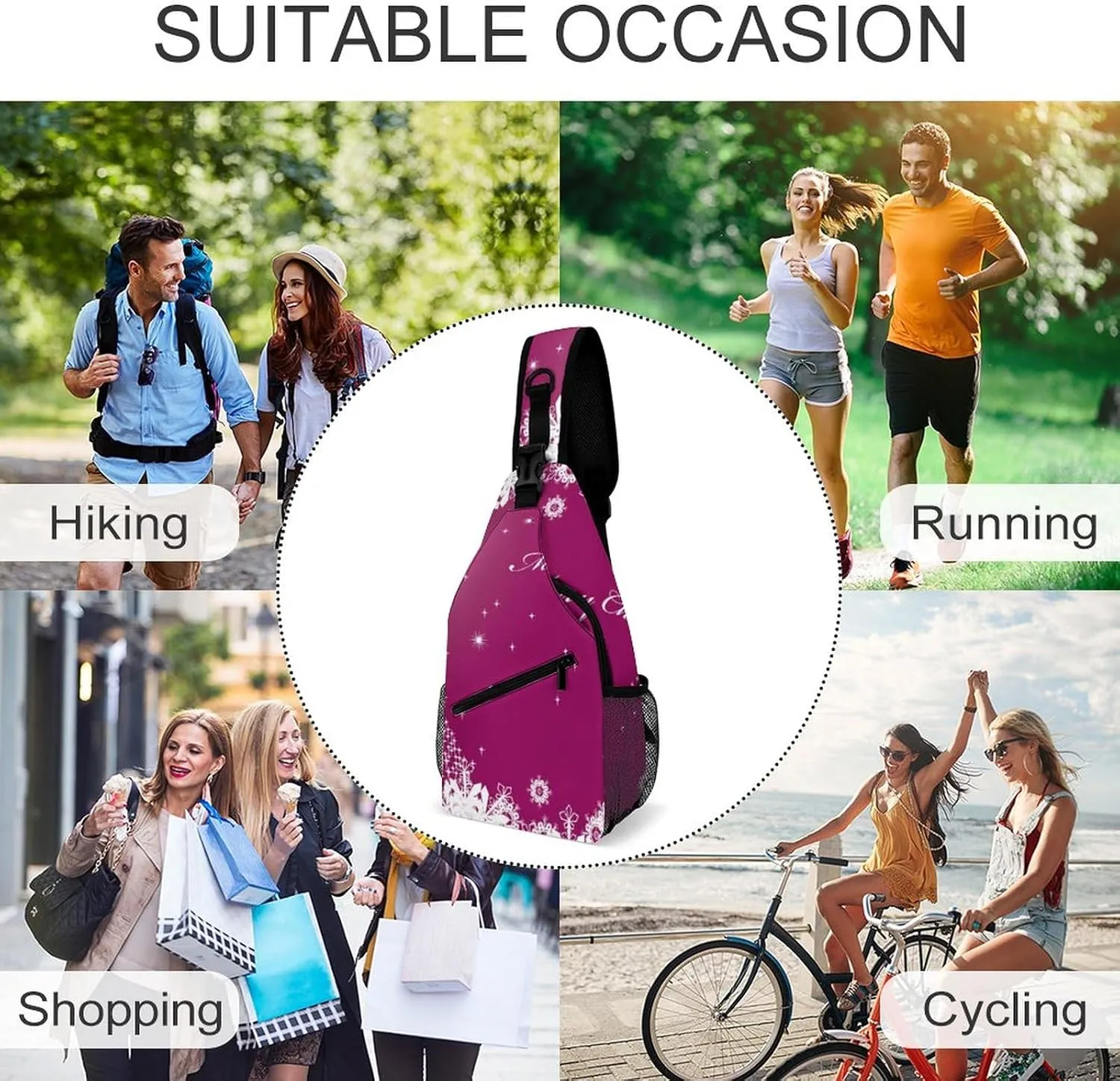 Sling Bag Xmas Tree Snowflake Crossbody Shoulder Backpack Pink Merry Christmas Adjustable Lightweight Travel Hiking Chest Bag for Men Women