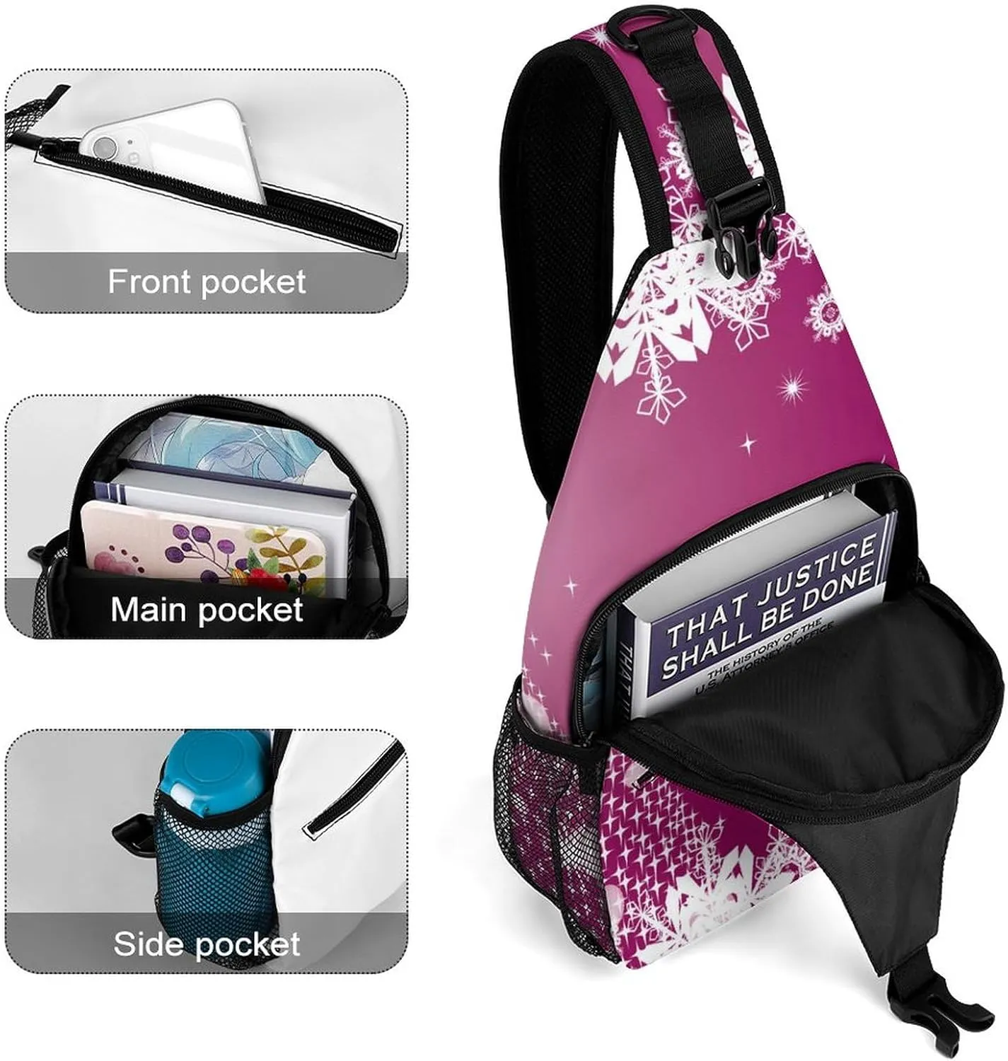 Sling Bag Xmas Tree Snowflake Crossbody Shoulder Backpack Pink Merry Christmas Adjustable Lightweight Travel Hiking Chest Bag for Men Women