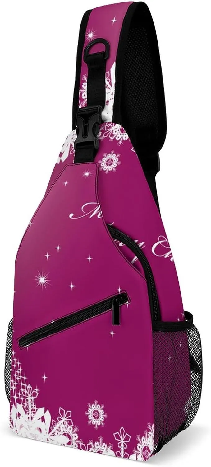 Sling Bag Xmas Tree Snowflake Crossbody Shoulder Backpack Pink Merry Christmas Adjustable Lightweight Travel Hiking Chest Bag for Men Women