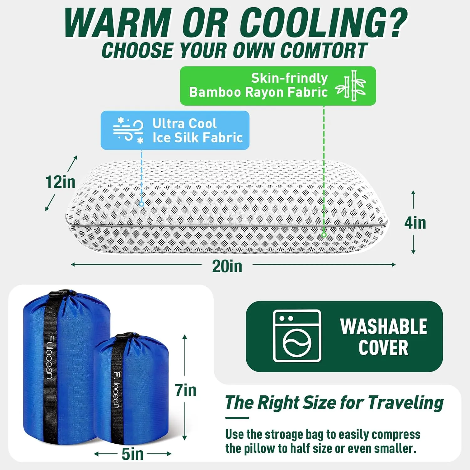 Small Cooling Memory Foam Travel & Camping Pillow for Airplanes & Car Sleeping,Medium Firm Camp Pillow for Backpacking & Hiking with Washable Cover, Compact Portable Bag, Contoured Support, Waterproof