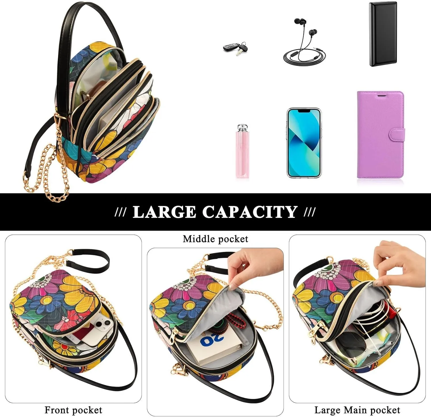 Small Crossbody Bags for Women Cell Phone Bag Cross Body Purses 3 Pockets Zipper Daisy Print Pattern 1