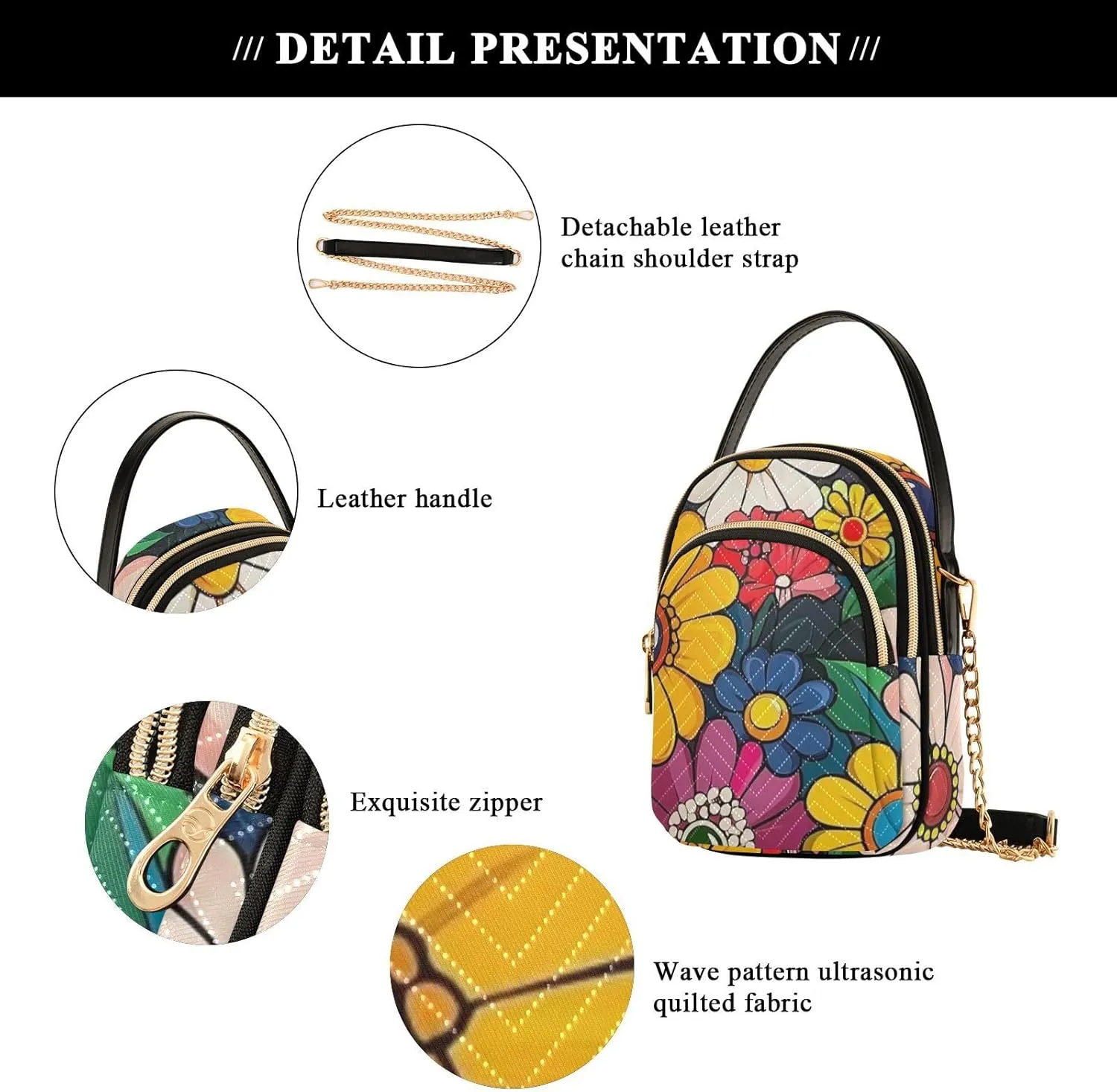 Small Crossbody Bags for Women Cell Phone Bag Cross Body Purses 3 Pockets Zipper Daisy Print Pattern 1