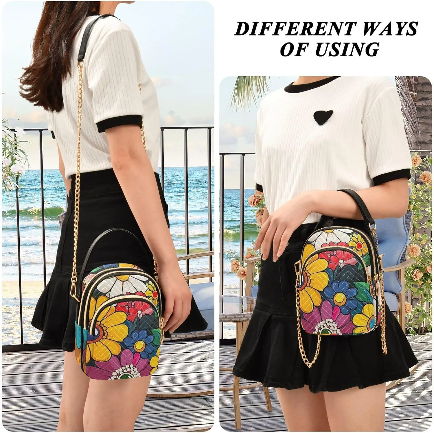 Small Crossbody Bags for Women Cell Phone Bag Cross Body Purses 3 Pockets Zipper Daisy Print Pattern 1