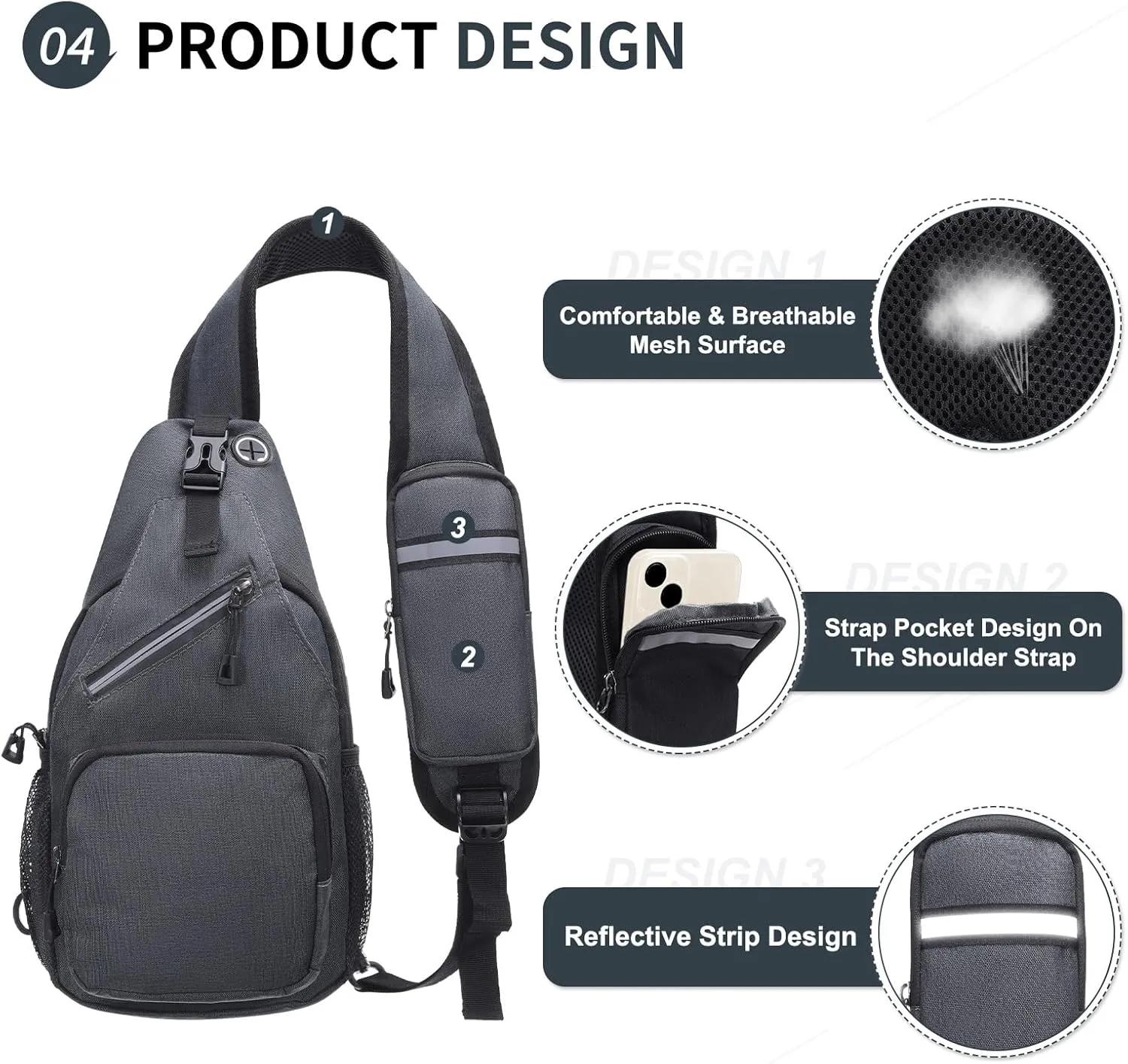 Small Sling Bag, Water Resistant 11 Inch Crossbody Chest Bags Oxford Daypack Backpack with Headphone Jack with Anti-theft Pocket for Men Women (Dark Gray)