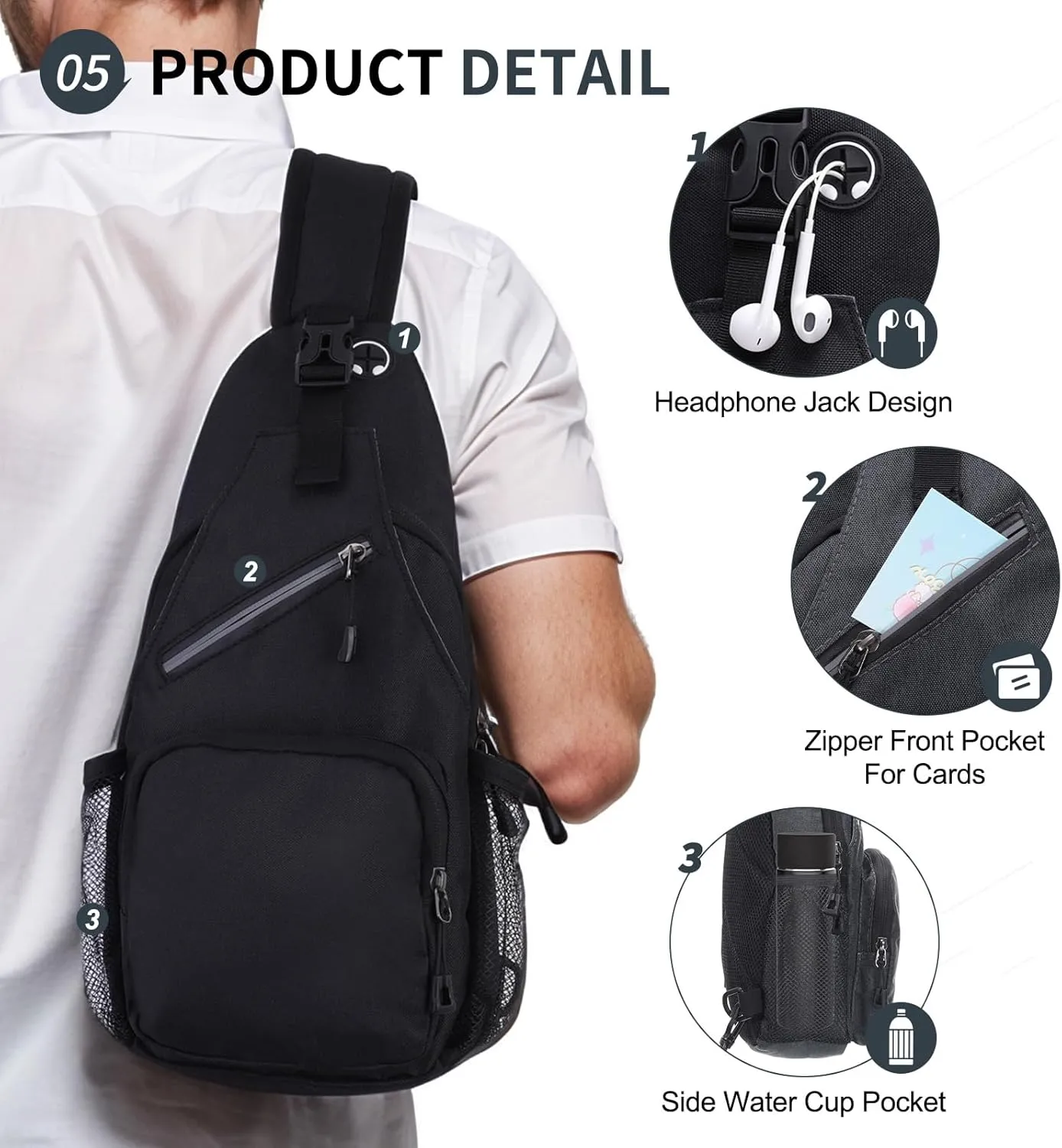 Small Sling Bag, Water Resistant 11 Inch Crossbody Chest Bags Oxford Daypack Backpack with Headphone Jack with Anti-theft Pocket for Men Women (Dark Gray)