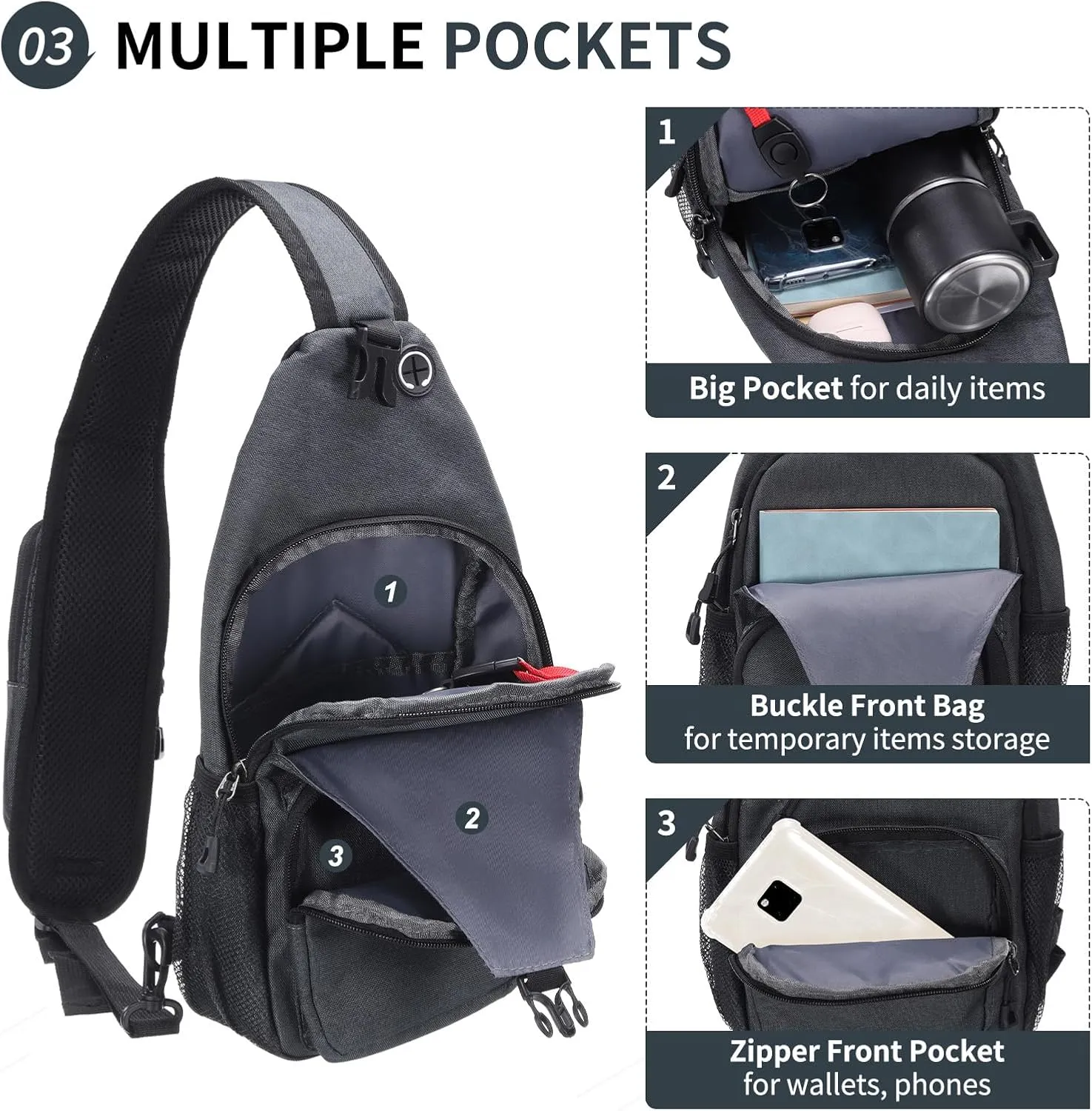 Small Sling Bag, Water Resistant 11 Inch Crossbody Chest Bags Oxford Daypack Backpack with Headphone Jack with Anti-theft Pocket for Men Women (Dark Gray)