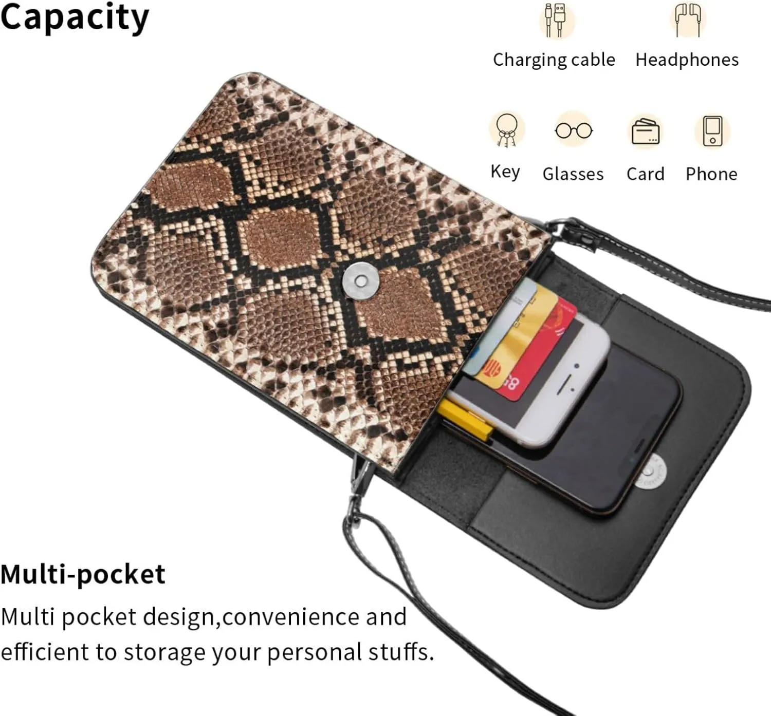 Snake Skin Python Pattern Woman Crossbody Bags Leather One Shoulder Handbags Wallet Adjustable Strap Cell Phone Purse