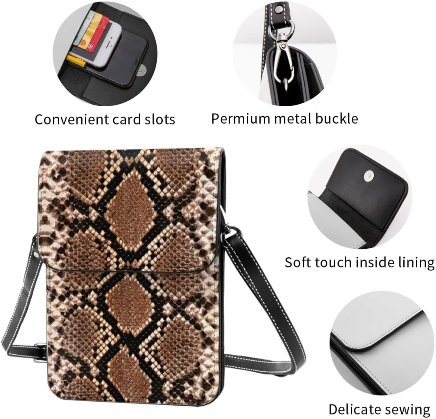 Snake Skin Python Pattern Woman Crossbody Bags Leather One Shoulder Handbags Wallet Adjustable Strap Cell Phone Purse