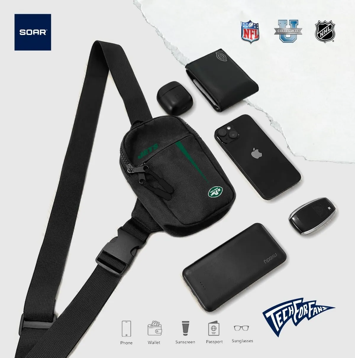SOAR Unisex Crossbody Tech Adjustable Strap Travel Backpack Officially Licensed NFL, Mini Sling Bag