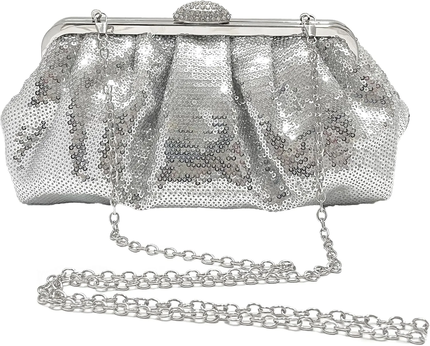 Solid Color Fish Scale Sequins Pleated Clutch Bag Hardware With Rhinestones Shiny Crossbody Purse for Women