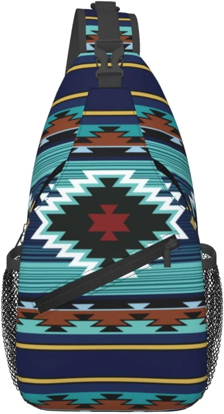 Southwest Native American Tribal Sling Bag for Women Crossbody Bag Aztec Turquoise Striped Geometry Print Sling Backpack for Men Navajo Design Shoulder Bag Gym Sports Travel Hiking Daypack