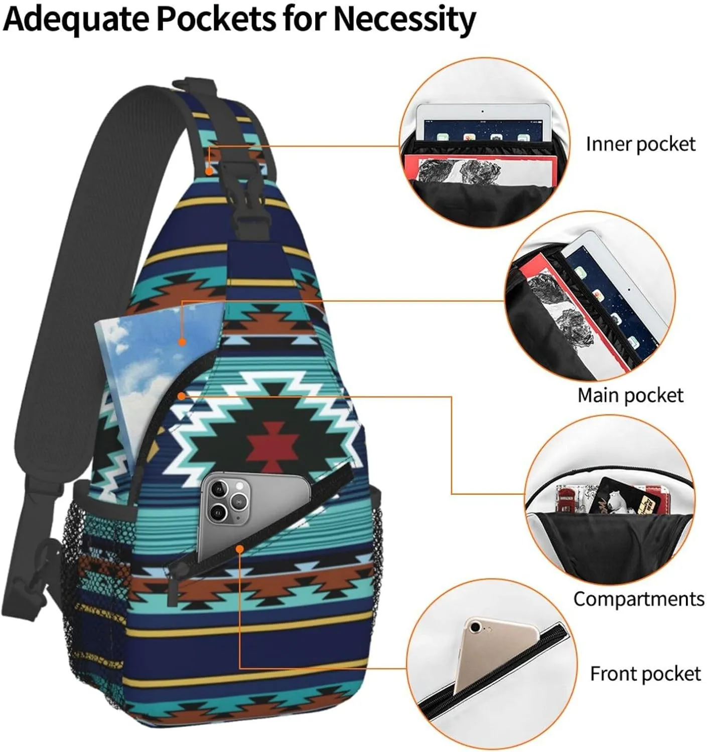 Southwest Native American Tribal Sling Bag for Women Crossbody Bag Aztec Turquoise Striped Geometry Print Sling Backpack for Men Navajo Design Shoulder Bag Gym Sports Travel Hiking Daypack