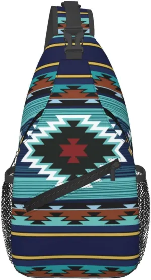 Southwest Native American Tribal Sling Bag for Women Crossbody Bag Aztec Turquoise Striped Geometry Print Sling Backpack for Men Navajo Design Shoulder Bag Gym Sports Travel Hiking Daypack