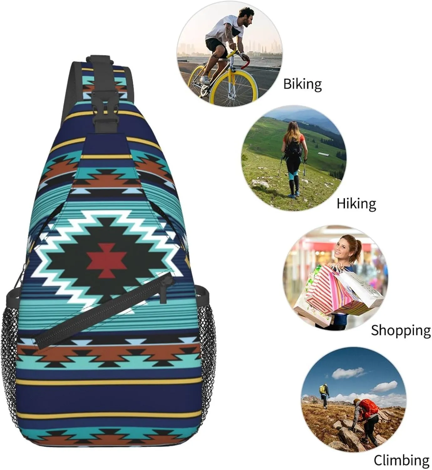 Southwest Native American Tribal Sling Bag for Women Crossbody Bag Aztec Turquoise Striped Geometry Print Sling Backpack for Men Navajo Design Shoulder Bag Gym Sports Travel Hiking Daypack