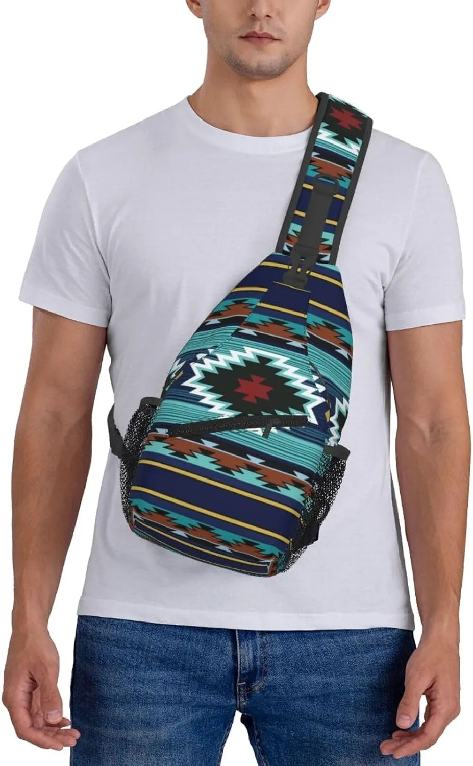 Southwest Native American Tribal Sling Bag for Women Crossbody Bag Aztec Turquoise Striped Geometry Print Sling Backpack for Men Navajo Design Shoulder Bag Gym Sports Travel Hiking Daypack
