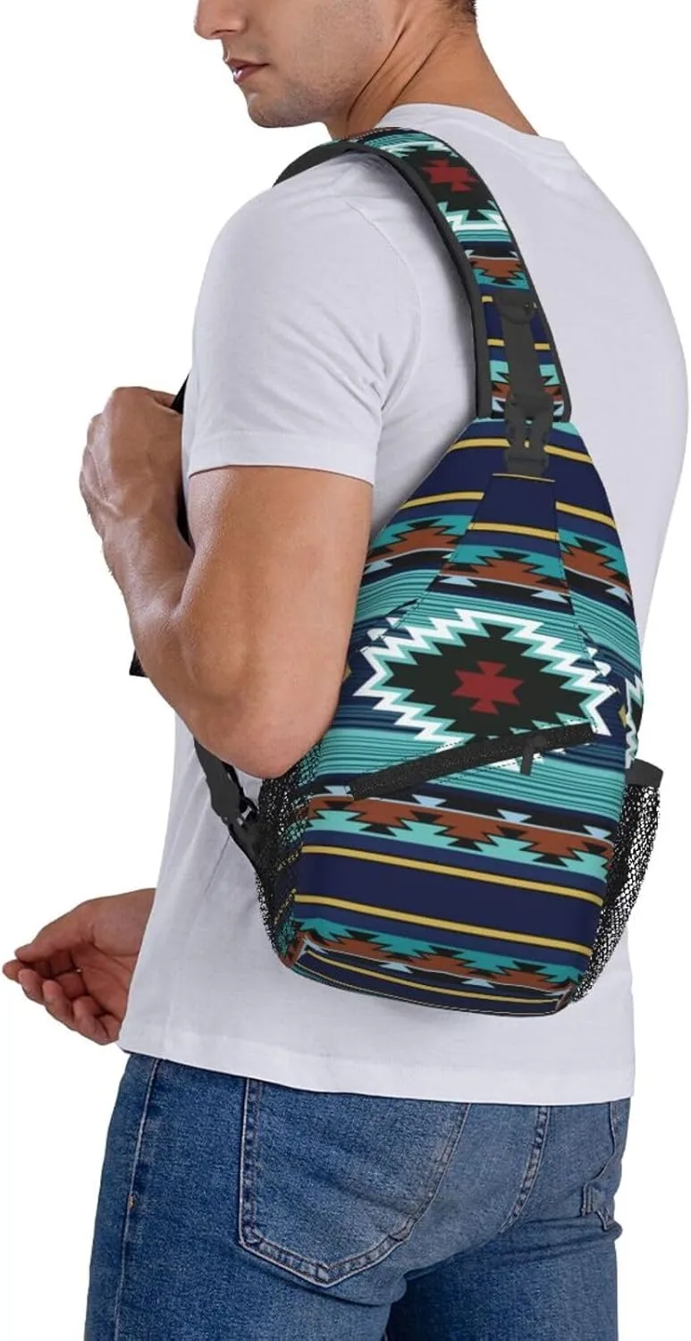Southwest Native American Tribal Sling Bag for Women Crossbody Bag Aztec Turquoise Striped Geometry Print Sling Backpack for Men Navajo Design Shoulder Bag Gym Sports Travel Hiking Daypack
