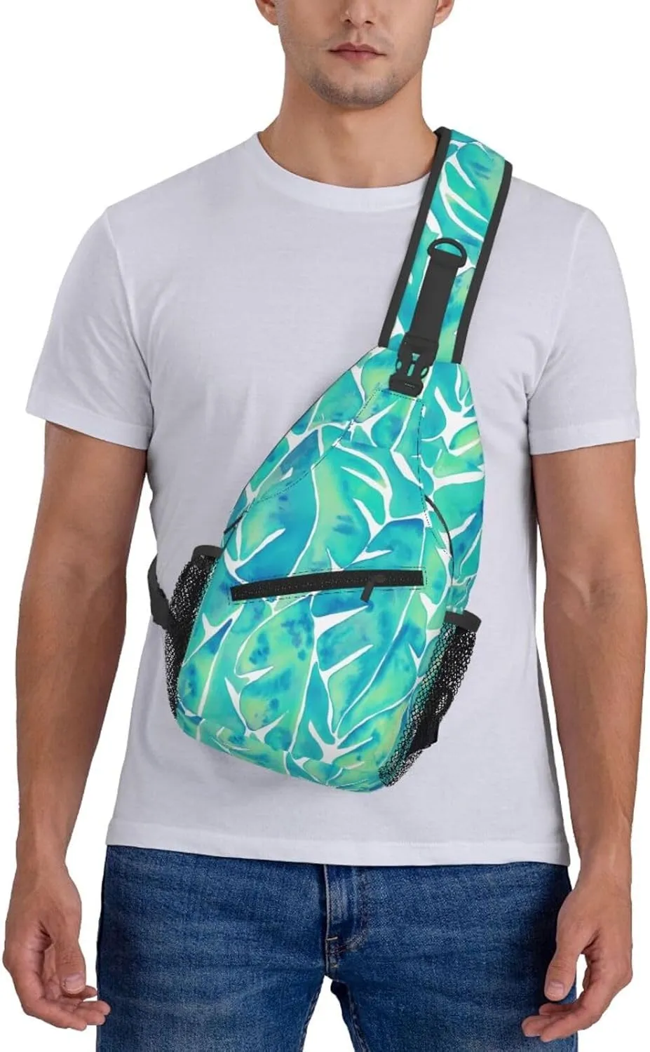 Split Leaf Philodendron – Turquoise Chest Sling Bag Crossbody Shoulder Backpack Bag Gym Cycling Travel Hiking Daypack Cross Bag